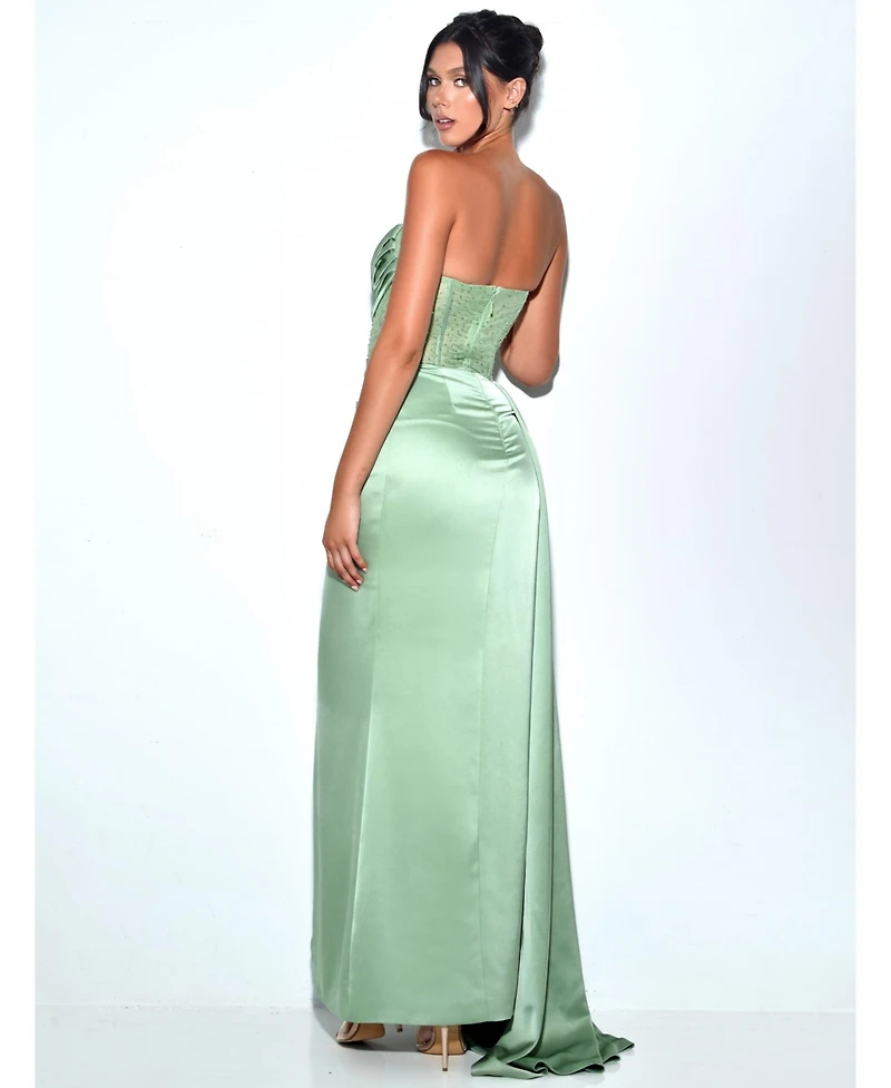 Miss Circle Women Holly Basil Crystallized Corset High Slit Satin Gown