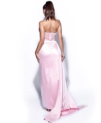 Miss Circle Women's Holly Pink Crystallized Corset High Slit Satin Gown