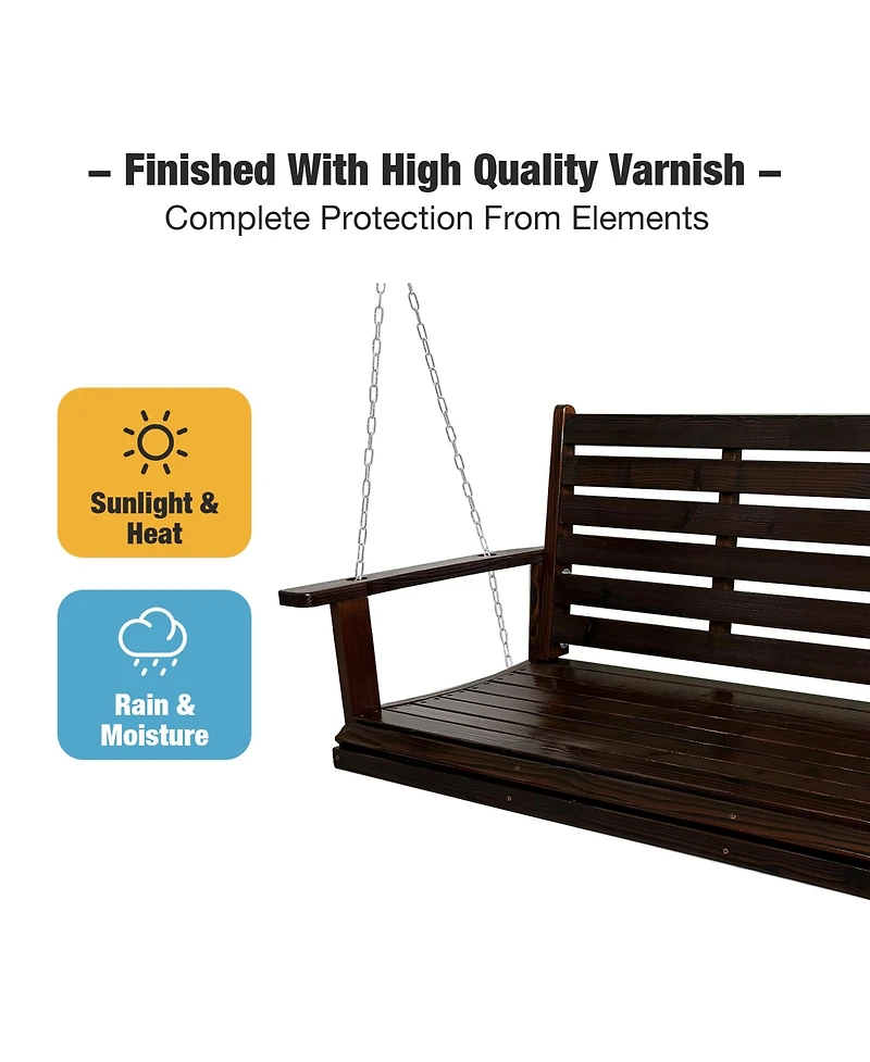 Wooden Porch Swing, Ergonomic Seat, Bench Swing with Hanging Chains and 7mm Springs, Heavy Duty 880 Lbs, for Outdoor Patio Garden Yard (Deep Brown, 3-
