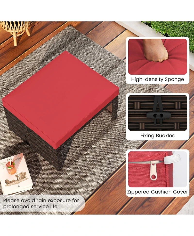 Costway Patio Pe Rattan Ottomans with Soft Zippered Cushions for Deck Outdoor