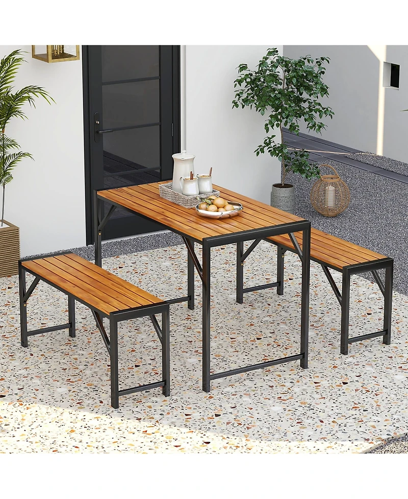 Gymax 3 Pcs Dining Set for 4 People Outdoor Picnic Table & 2 Benches w/ Metal Frame