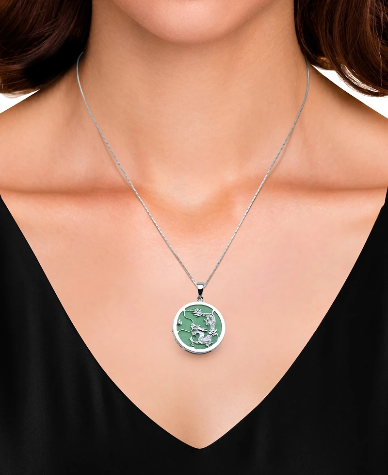Macy's Dyed Green Jade Dragon Disc 18" Pendant Necklace in Sterling Silver