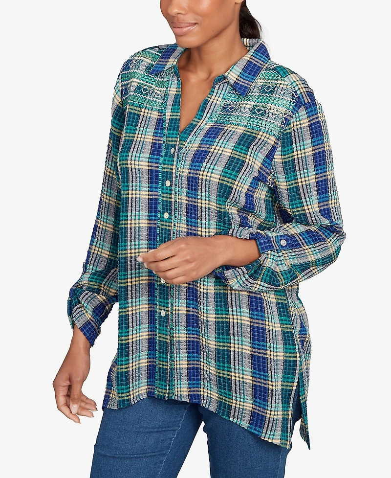 Ruby Rd. Petite Embroidered Plaid Button Down Top