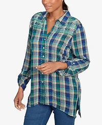 Ruby Rd. Petite Embroidered Plaid Button Down Top