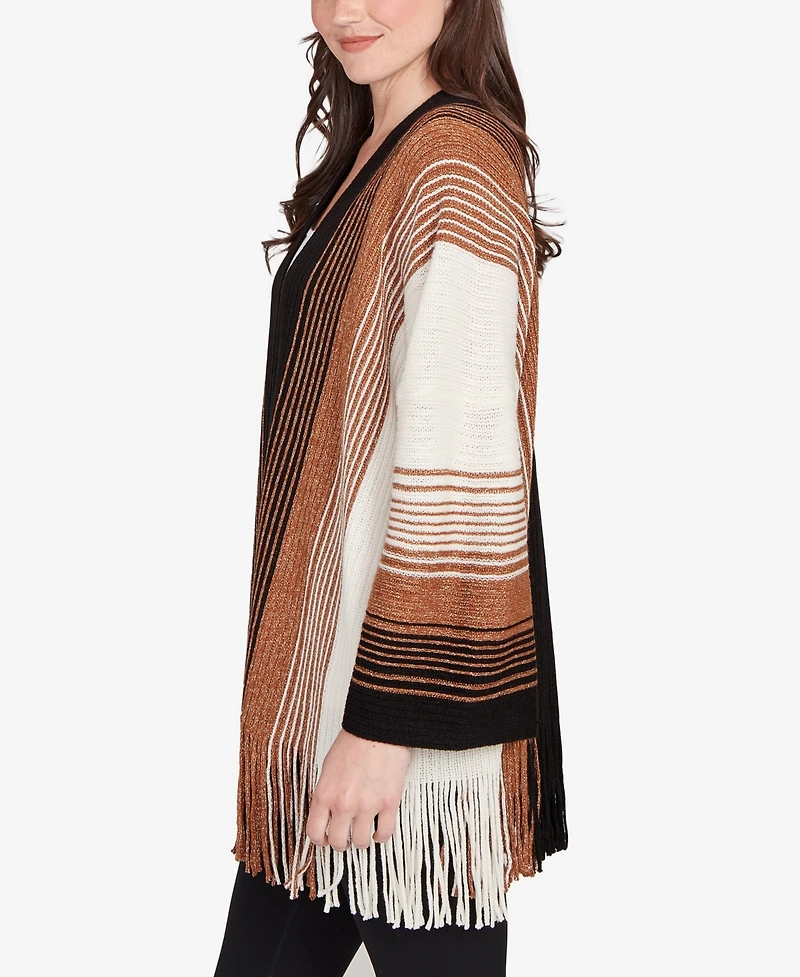 Ruby Rd. Petite Open Fringed Stripe Cardigan Sweater