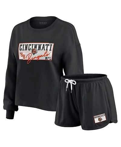 Wear by Erin Andrews Women's 2-Piece Black Cincinnati Bengals Heavy Rugby Jersey Long Sleeve T-Shirt and Shorts Lounge Set