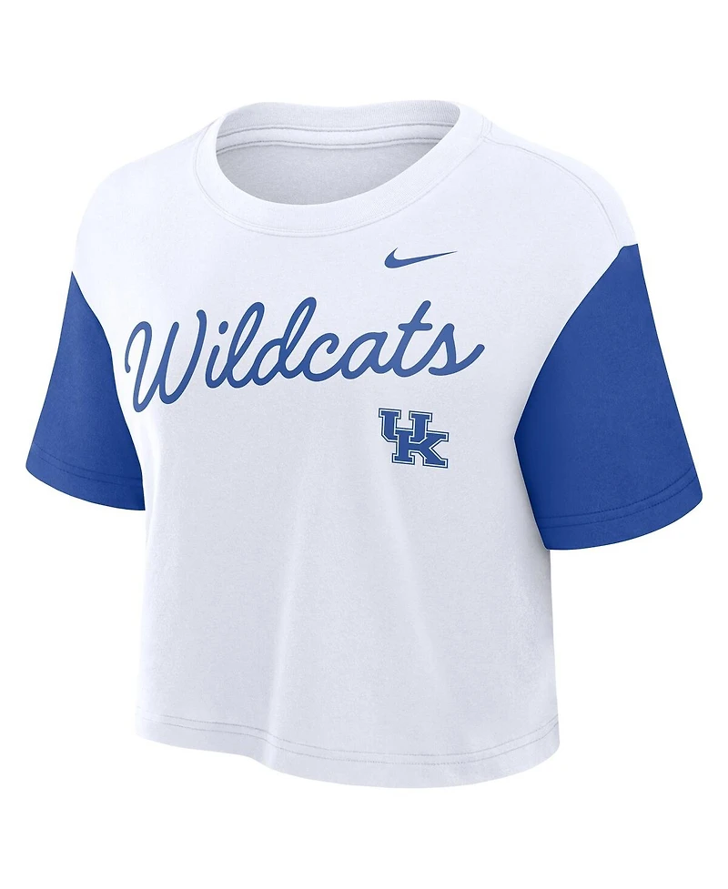 Nike Women's White/Royal Kentucky Wildcats Color-Block Script Performance Cropped T-Shirt