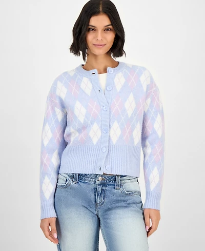 Hooked Up by Iot Juniors' Argyle Crewneck High-Rib Cardigan