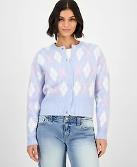 Hooked Up by Iot Juniors' Argyle Crewneck High-Rib Cardigan