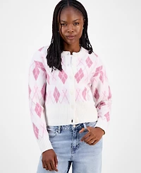Hooked Up by Iot Juniors' Argyle Crewneck High-Rib Cardigan