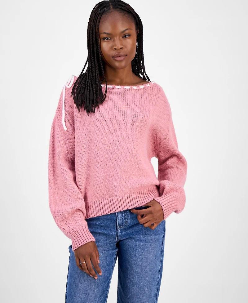 Hooked Up by Iot Juniors' Bow Boat-Neck Sweater
