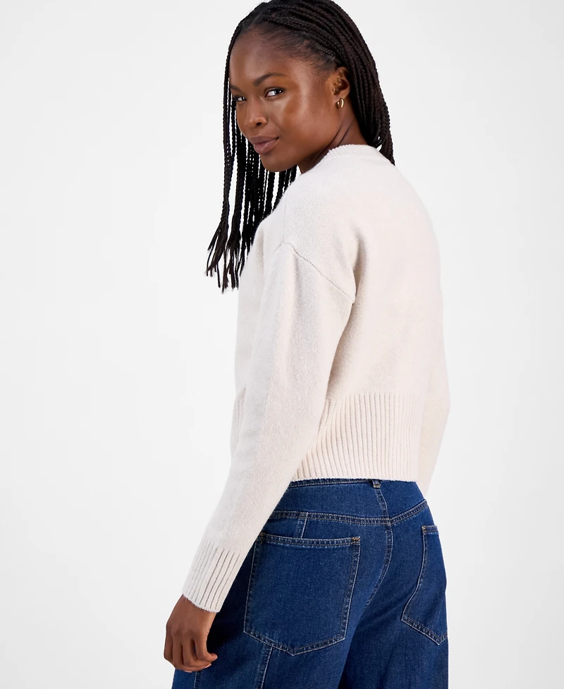 Hooked Up by Iot Juniors' Teddy Bear-Embroidered Crewneck Cardigan