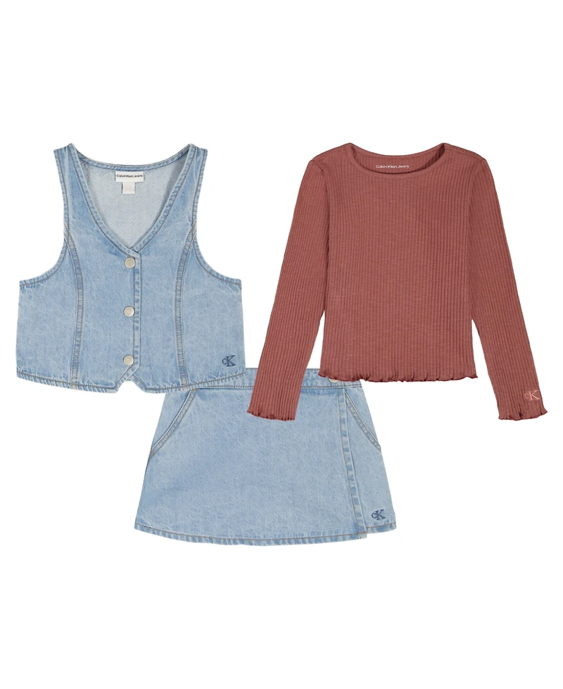 Calvin Klein Little and Toddler Girls 3-Piece T-Shirt, Vest Skirt Set