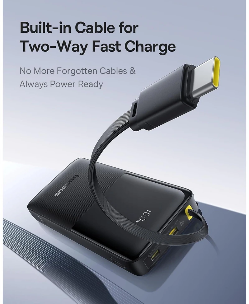 Baseus Portable Charger, 20W Pd Fast Charging 10000mAh Power Bank, Built-in Braided Usb C Cable Battery Pack, Travel Essentials Portable Phone Charger