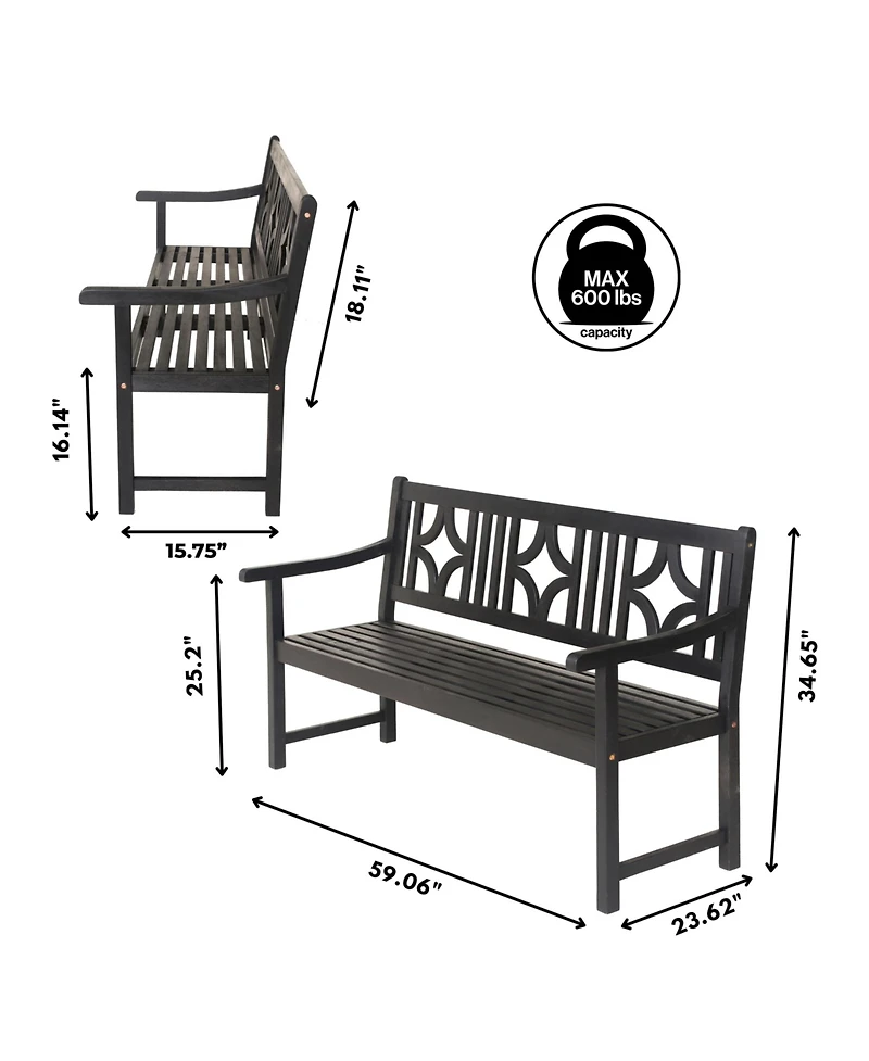 Sloane 59.1" 3-Seat Ogee Diamond-Back 600-Lbs Support Acacia Wood Outdoor Garden Patio Bench