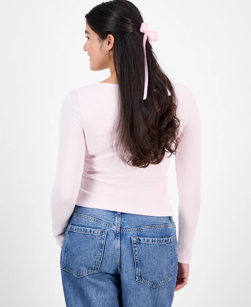 Madden Girl Juniors' Hacci Embroidered Long-Sleeve Henley