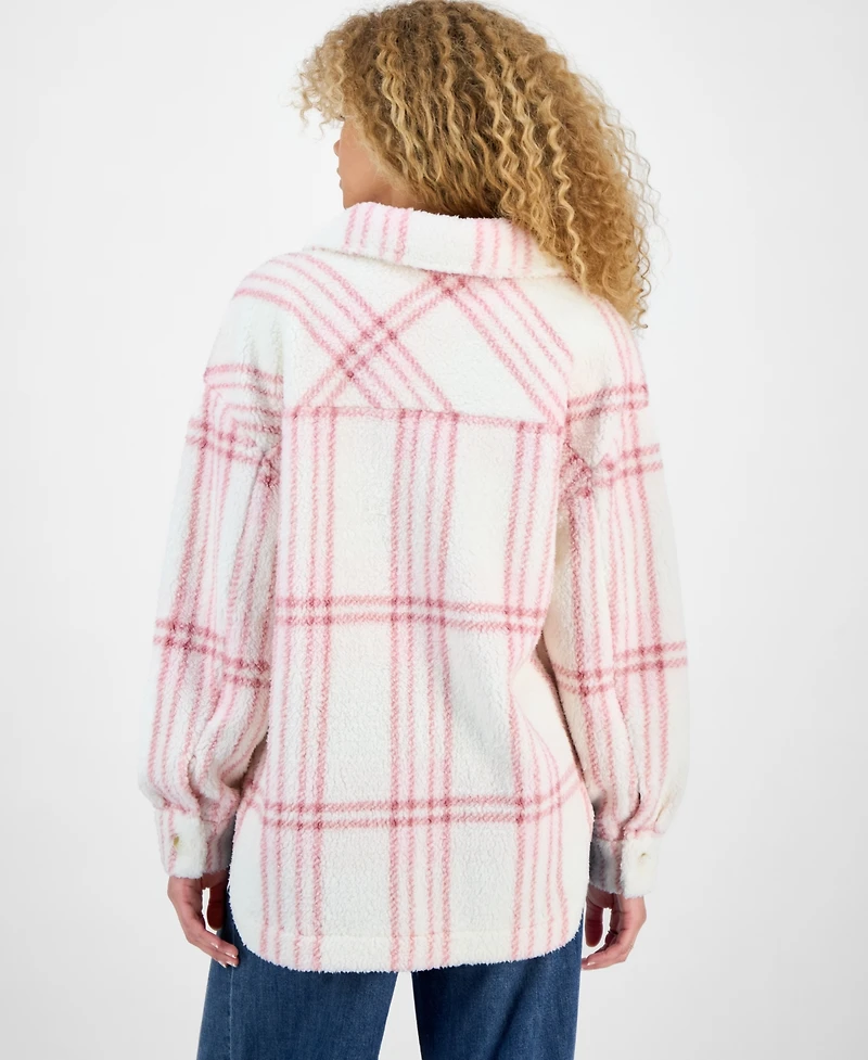 Hippie Rose Juniors' Collared Long-Sleeve Plaid Shacket