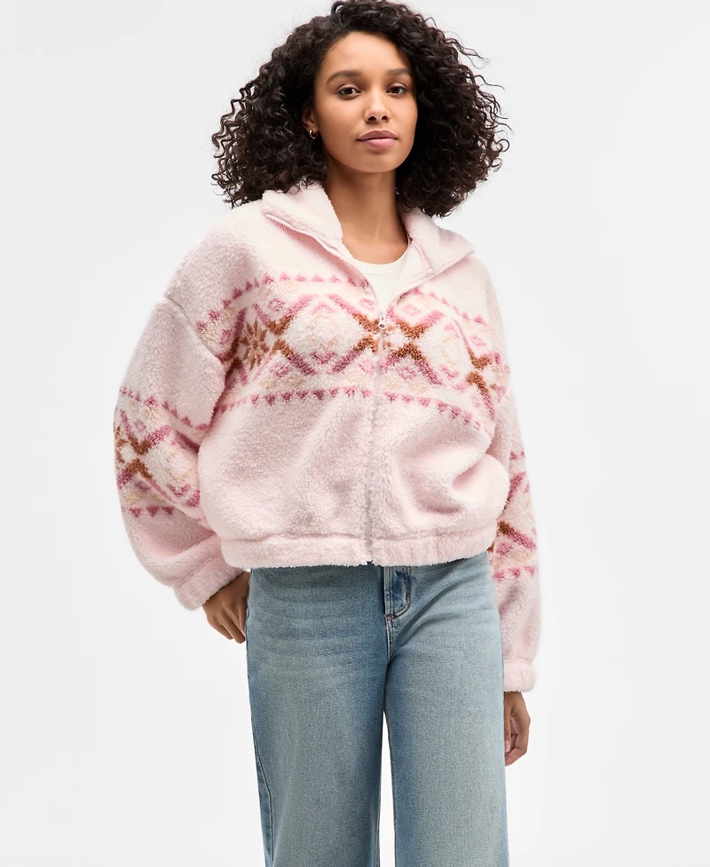 Hippie Rose Juniors' Printed Zip-Up Sherpa Jacket
