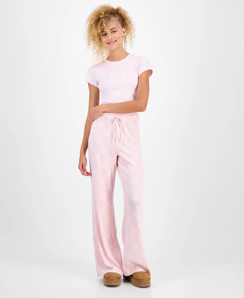 Just Polly Juniors' Pointelle Drawstring Wide-Leg Lounge Pants