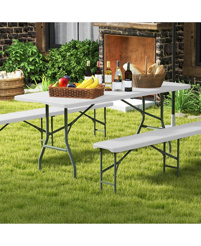 Gymax 3 Pcs Folding Picnic Table Set w/ 6 ft Table & 2 Benches Hdpe Tabletop Bench Top