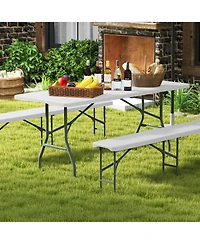 Gymax 3 Pcs Folding Picnic Table Set w/ 6 ft Table & 2 Benches Hdpe Tabletop Bench Top