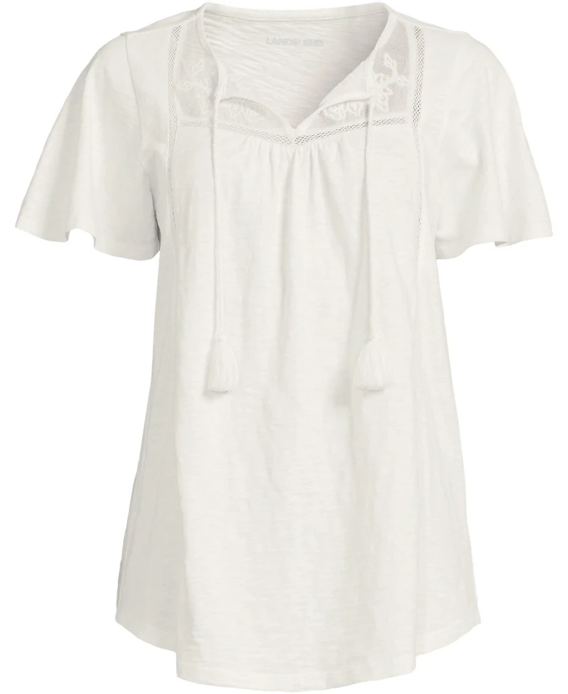 Lands' End Women's Slub Flutter Sleeve Lace Trim Notch Neck Tunic Top