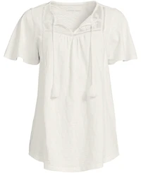 Lands' End Women's Slub Flutter Sleeve Lace Trim Notch Neck Tunic Top