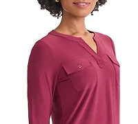 Jones New York Women's Solid 3/4-Sleeve Flap-Pocket Knit Top