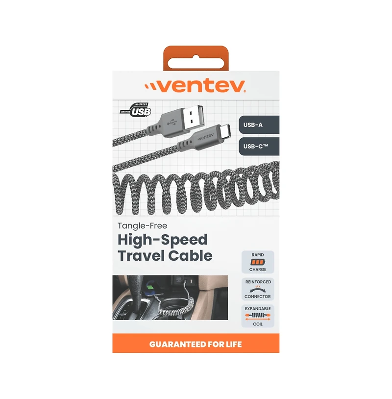 Ventev Helix Usb A to Usb C High Speed Travel 3 Foot Cable-Gray