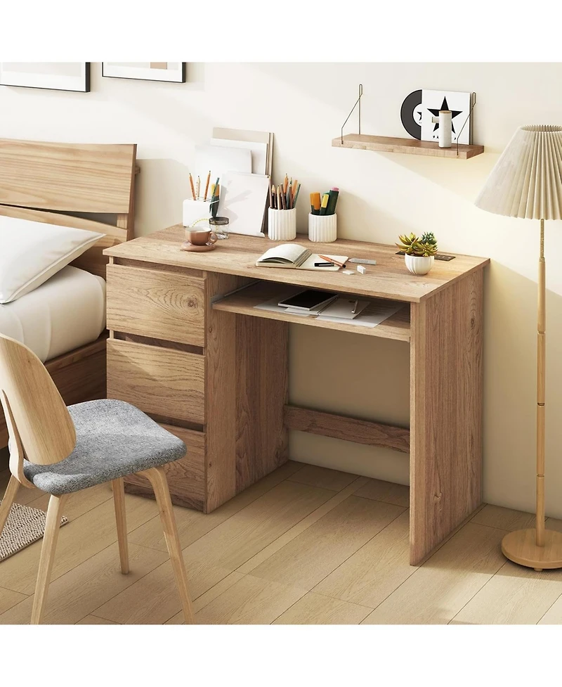 Mecale Computer Desk with Power Outlet Keyboard Tray and 3 Large Drawers