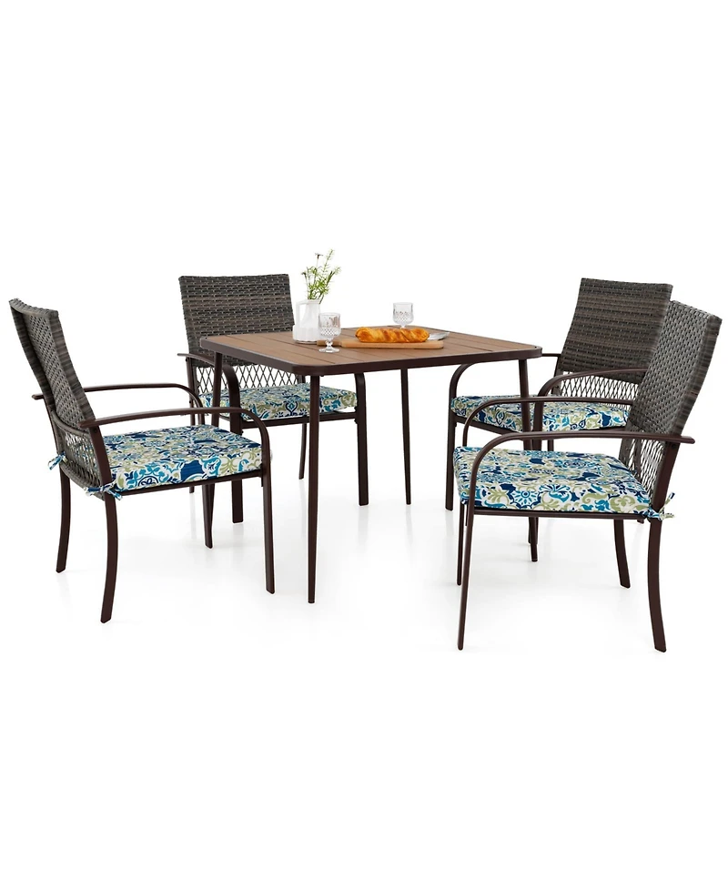 Gymax 5 Pcs Patio Dining Set w/ Wood-Plastic Tabletop & Umbrella Hole for Backyard