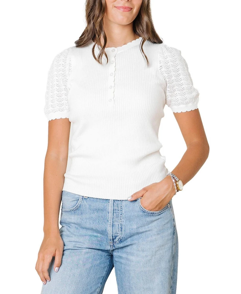 Hope & Henry Women's Organic Pointelle Sleeve Henley Sweater