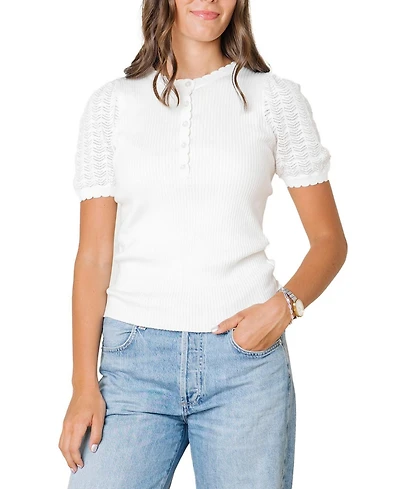 Hope & Henry Women's Organic Pointelle Sleeve Henley Sweater