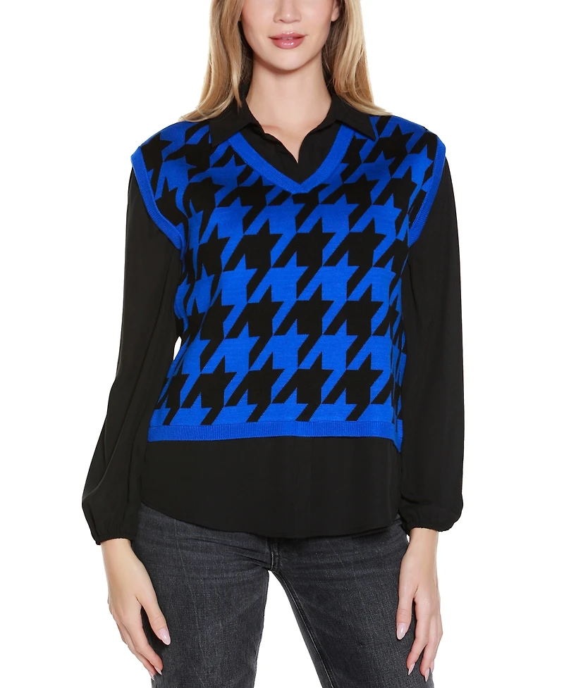 Belldini Women's Houndstooth Two-Fer Sweater