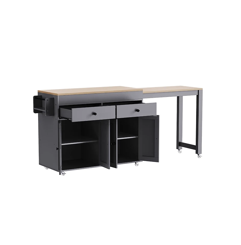 Maison Boucle 74.5" Kitchen Island with Pull-Out Dining Table, Rolling Storage Cart 2 Drawers, Cabinets & Spice Rack-Maison