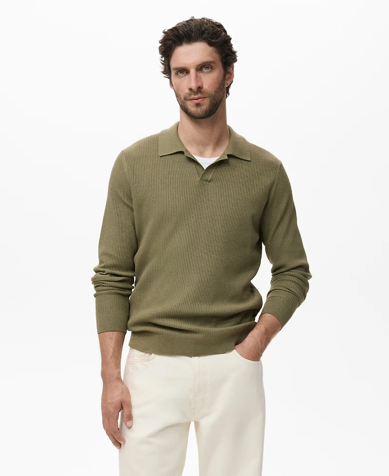 Mango Men's Cotton-Blend Ribbed Polo Sweater