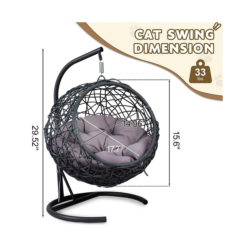 Zeus & Ruta Gray Rattan Cat Egg Chair with Stand and Cushion