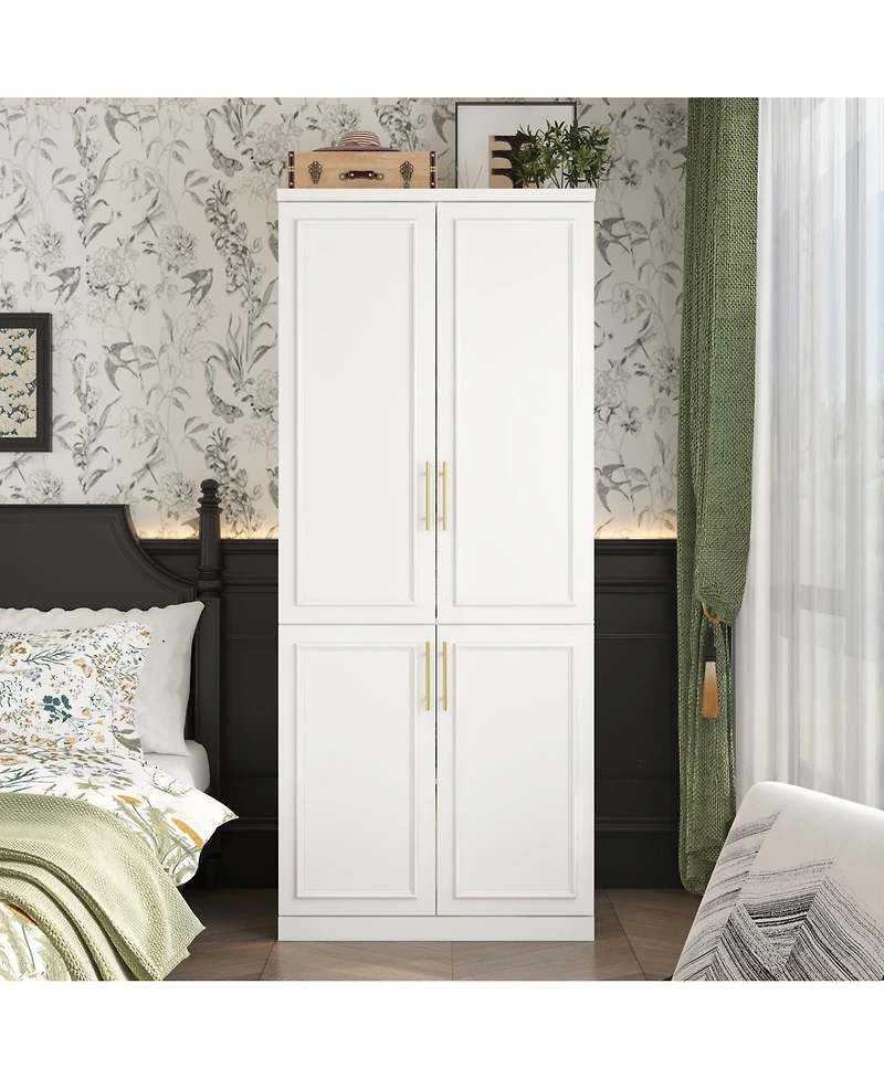 Modern white 4-door handle wardrobe, bedroom Armoire, Wooden Closet