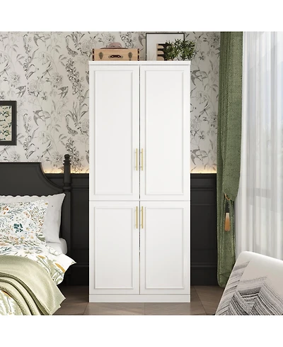 Modern white 4-door handle wardrobe, bedroom Armoire, Wooden Closet