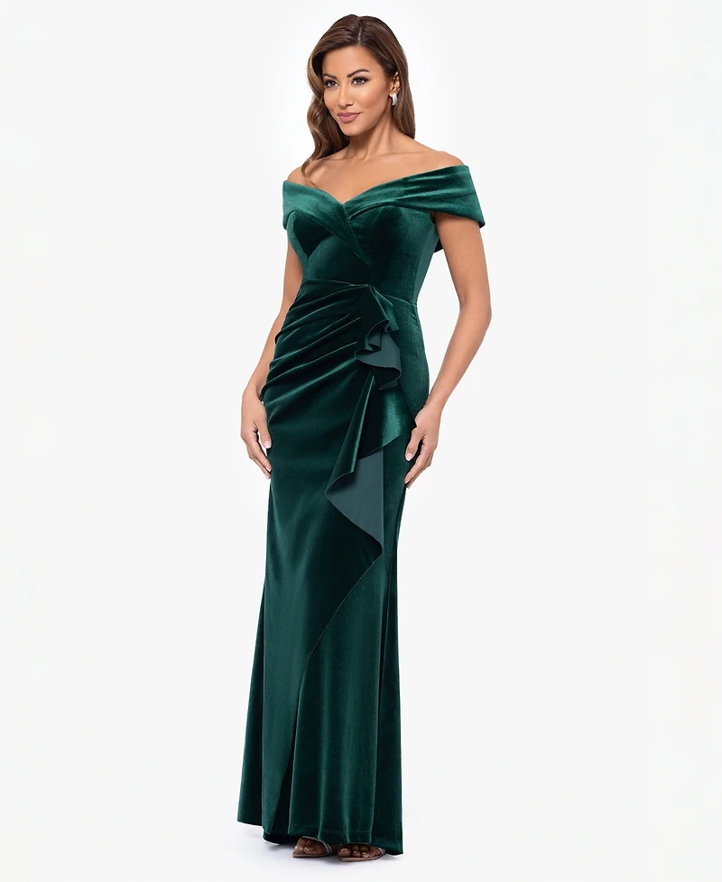 Xscape Women's Off-The-Shoulder Ruffle Velvet Dress