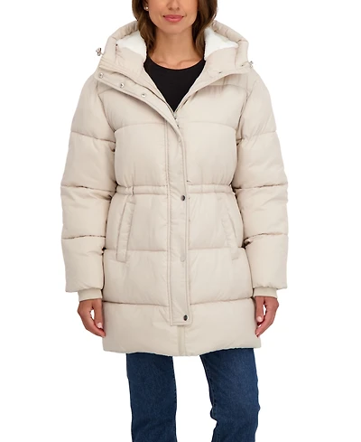 Sebby Collection Women's 3/4 Cozy Lined Hooded Puffer Coat With Drawstring Waist