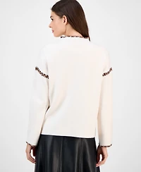 T Tahari Women's Mock-Neck Embroidered-Stitch Sweater