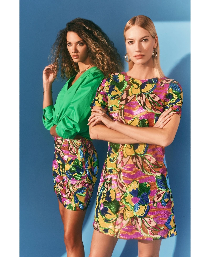 Isaac Mizrahi Women's Sequin Floral Short Sleeve Mini Dress