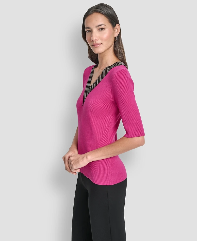 Dkny Women's Embellished-Neck Half-Sleeve Ribbed Sweater
