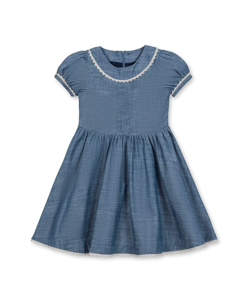 Hope & Henry Little and Big Girls' Organic Puff Sleeve Pintuck Chambray Dress