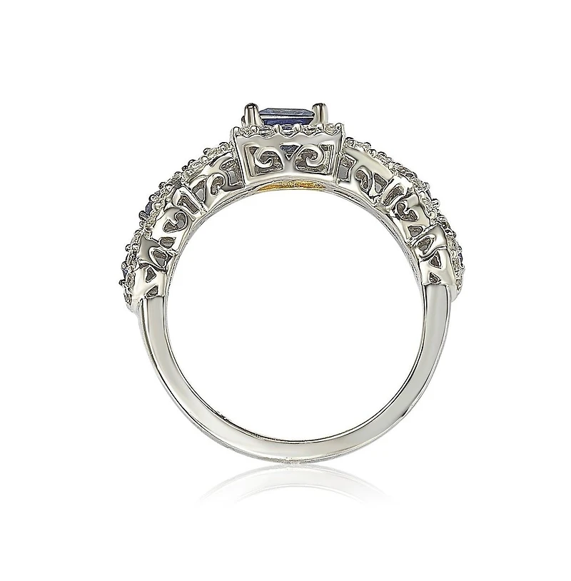 Suzy Levian Sterling Silver Assher Cut Sapphire and Created White Proposal Ring