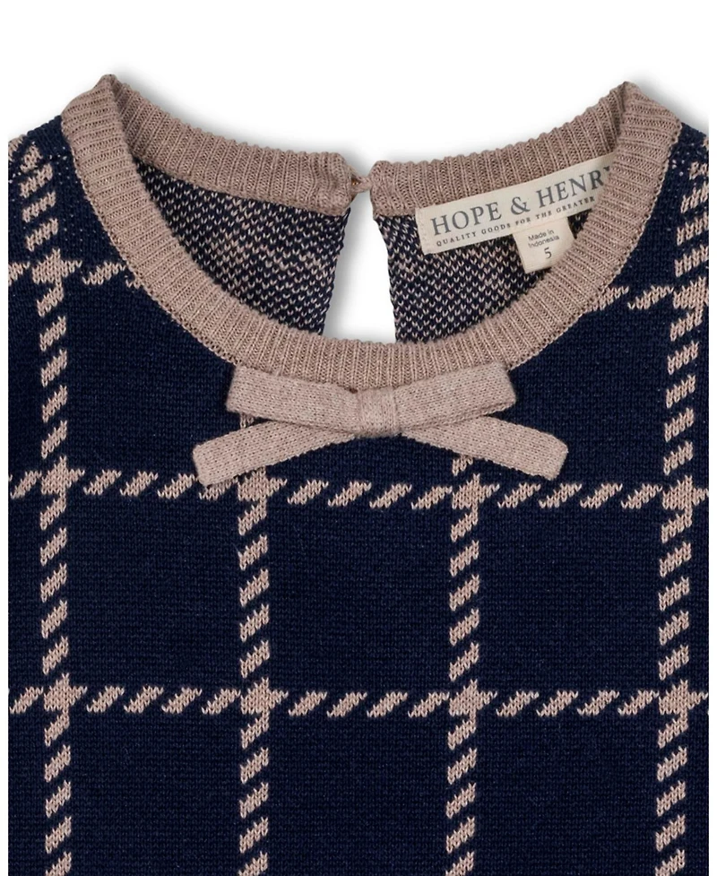 Hope & Henry Little and Big Girls' Organic Puff Sleeve Bow Detail Intarsia Sweater Dress