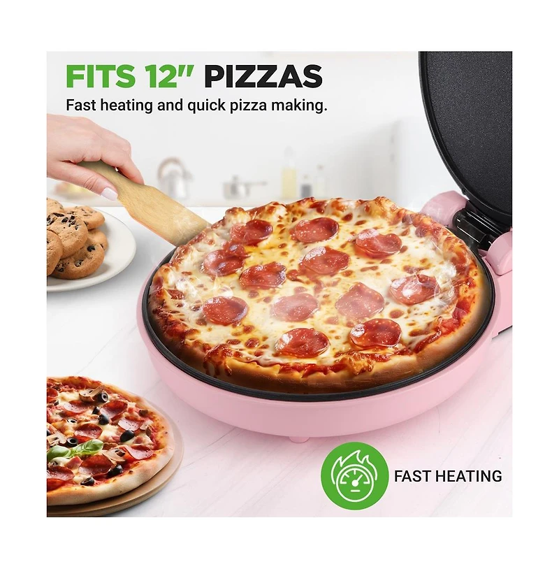 NutriChef Countertop Pizza Maker - Non-Stick Electric Pizza Oven with Cool Touch Handle and Uplift Function, Includes Spatula (Pink)