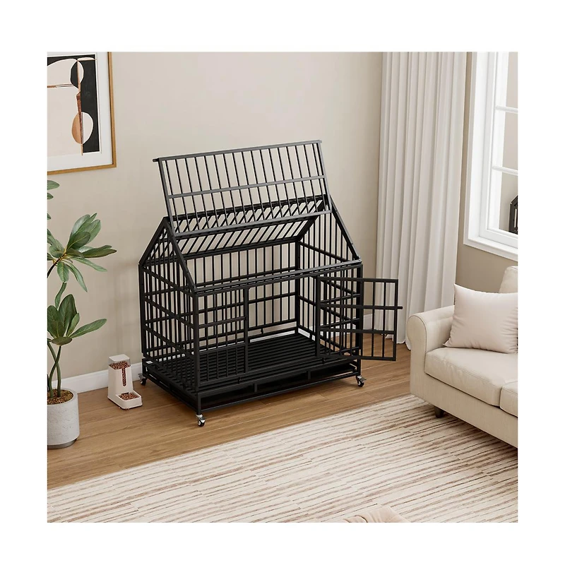 Aostirmotor Black Metal 48 in. Heavy Duty Dog Crate with Wheels, Folding Big Dog Cage with a pointed roof and Removable Tray