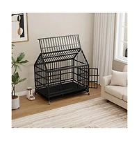 Aostirmotor Black Metal 48 in. Heavy Duty Dog Crate with Wheels, Folding Big Dog Cage with a pointed roof and Removable Tray